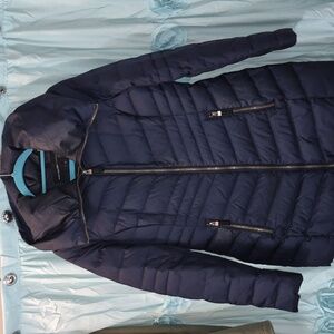 Andrew Marc Kirby Blue Chevron Quilted Puff Collar Down Mid Jacket Sz S
